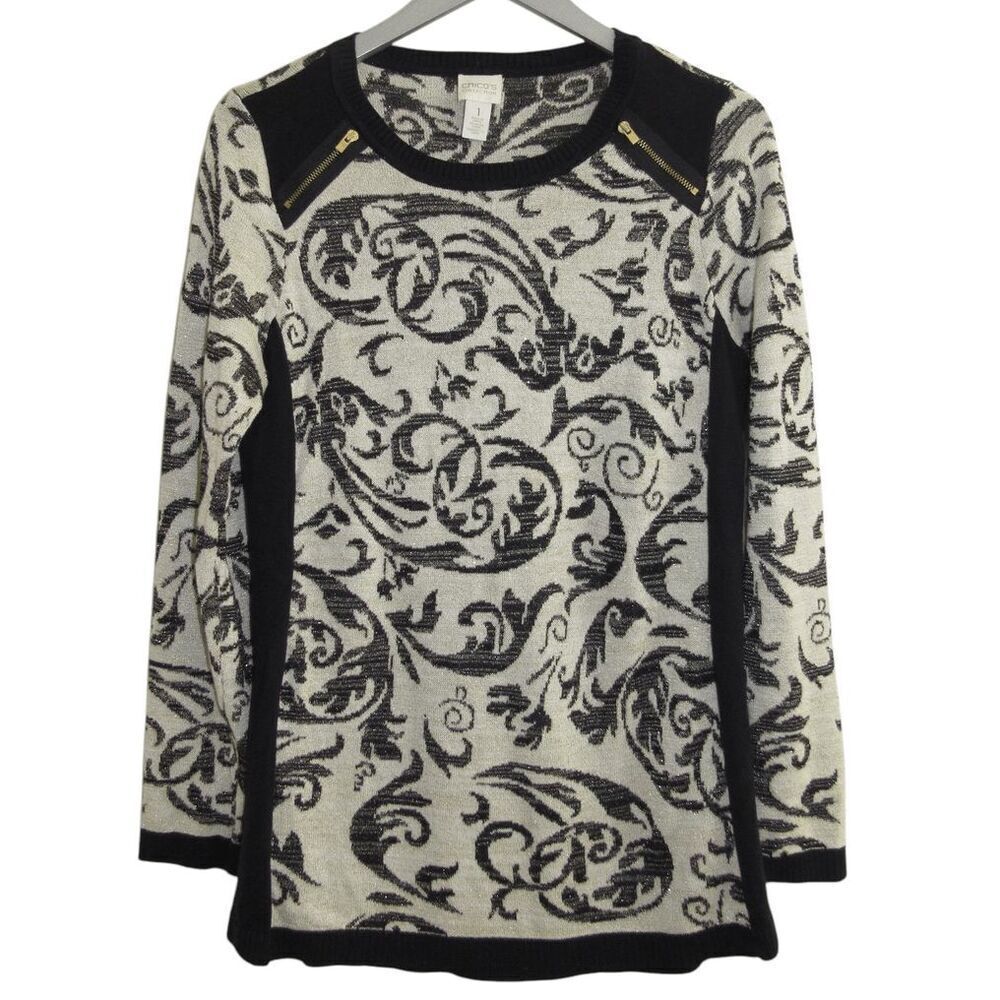 Chico's Black Cream & Gold Zipper Accent Shoulder Sweater Sz 1 M/8